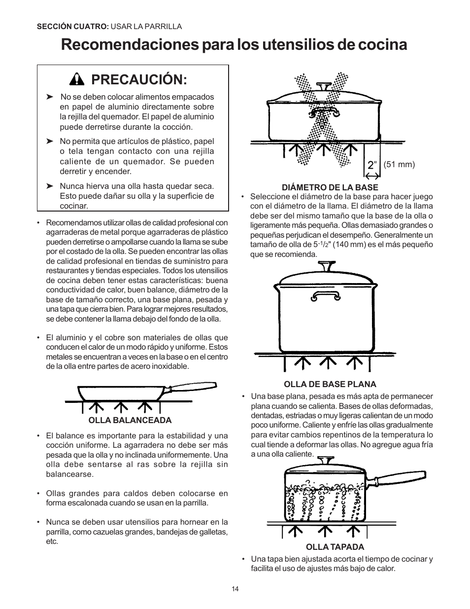 Recomendaciones para los utensilios de cocina, Precaución | Thermador Pro-Harmony DP36 User Manual | Page 100 / 128