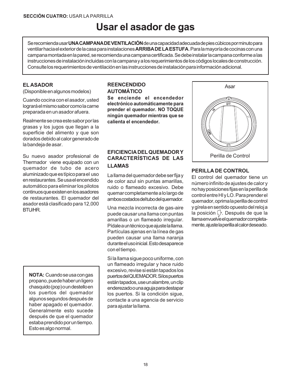 Usar el asador de gas | Thermador Pro-Harmony DP36 User Manual | Page 104 / 128