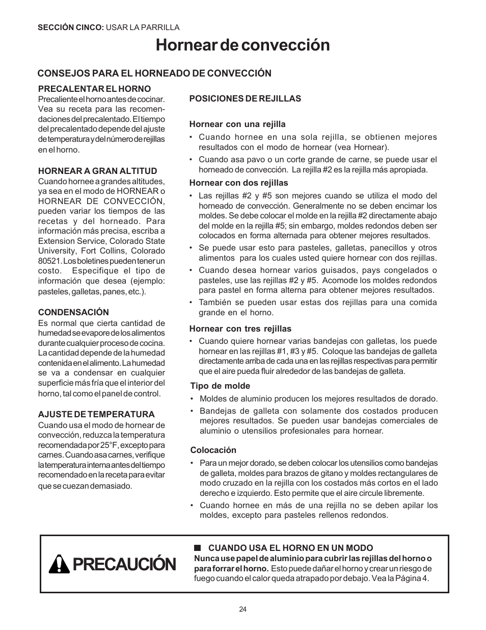 Precaución, Hornear de convección | Thermador Pro-Harmony DP36 User Manual | Page 110 / 128