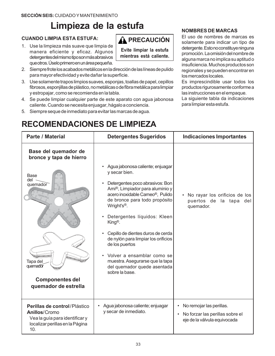 Limpieza de la estufa, Recomendaciones de limpieza, Precaución | Thermador Pro-Harmony DP36 User Manual | Page 119 / 128