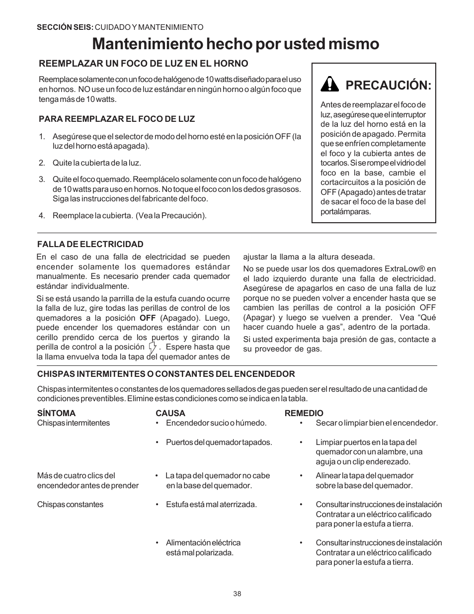 Mantenimiento hecho por usted mismo, Precaución | Thermador Pro-Harmony DP36 User Manual | Page 124 / 128