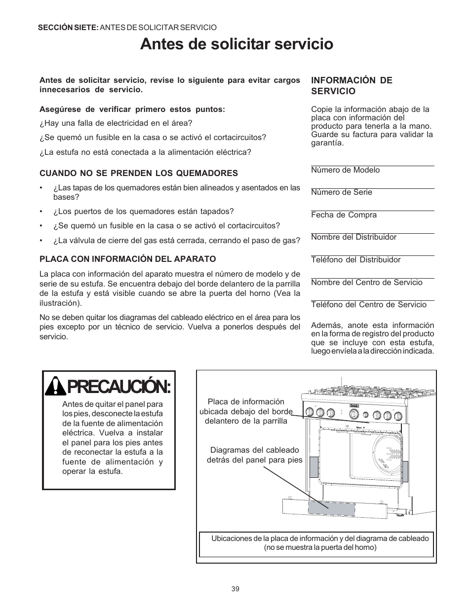Precaución, Antes de solicitar servicio | Thermador Pro-Harmony DP36 User Manual | Page 125 / 128