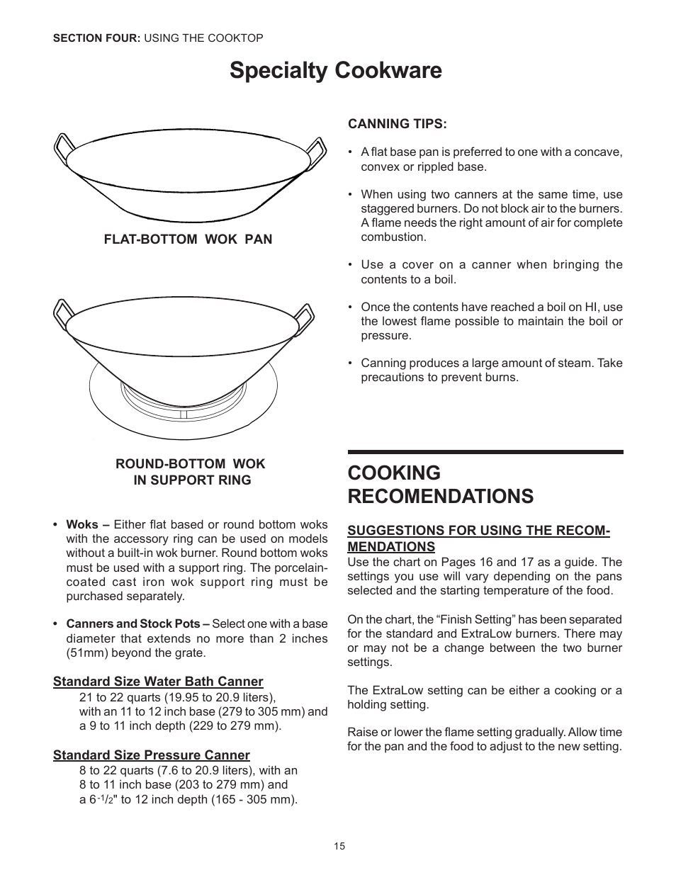 Specialty cookware, Cooking recomendations | Thermador Pro-Harmony DP36 User Manual | Page 17 / 128
