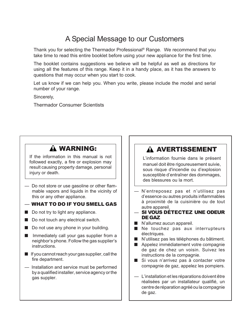 A special message to our customers, Warning, Avertissement | Thermador Pro-Harmony DP36 User Manual | Page 2 / 128