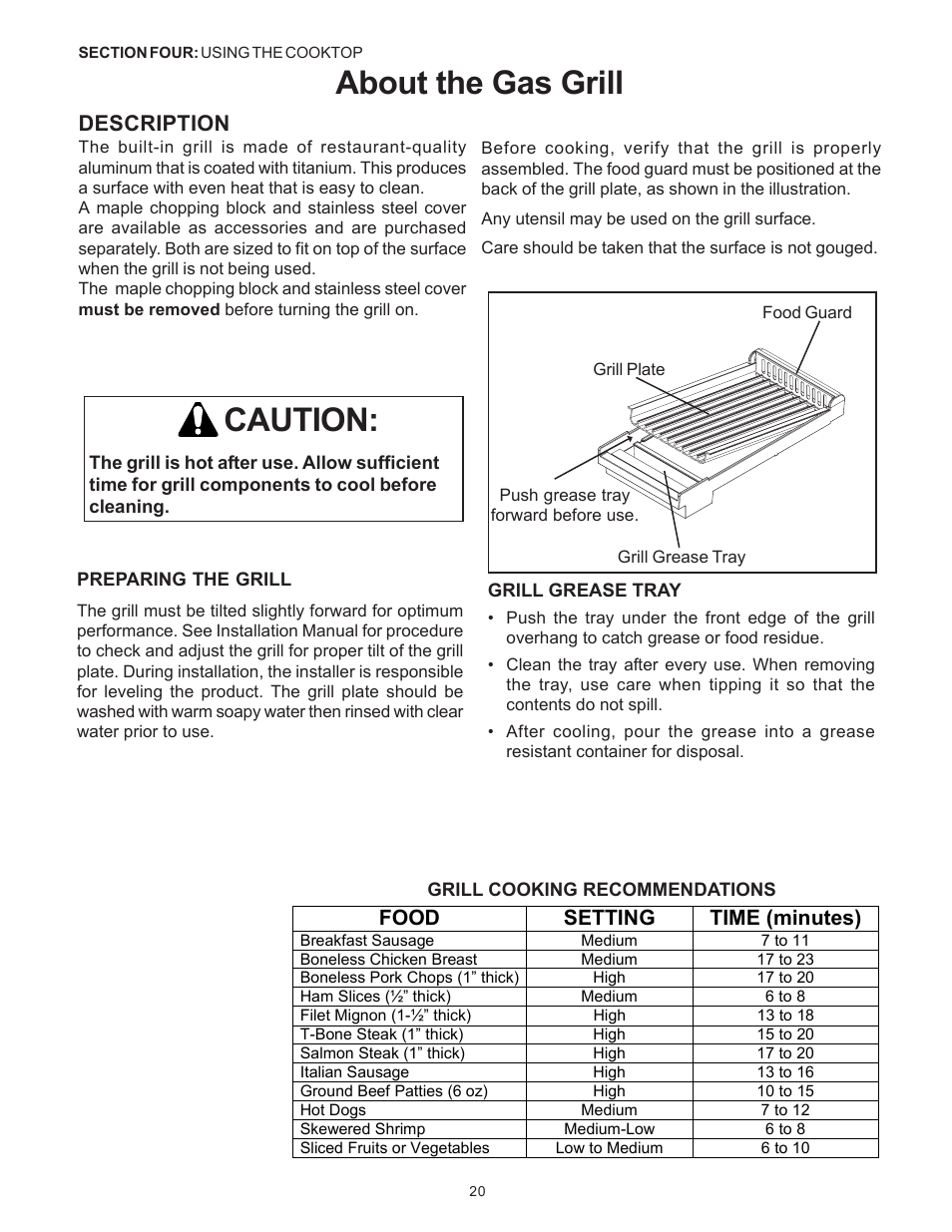 About the gas grill caution, Description, Food setting time (minutes) | Thermador Pro-Harmony DP36 User Manual | Page 22 / 128