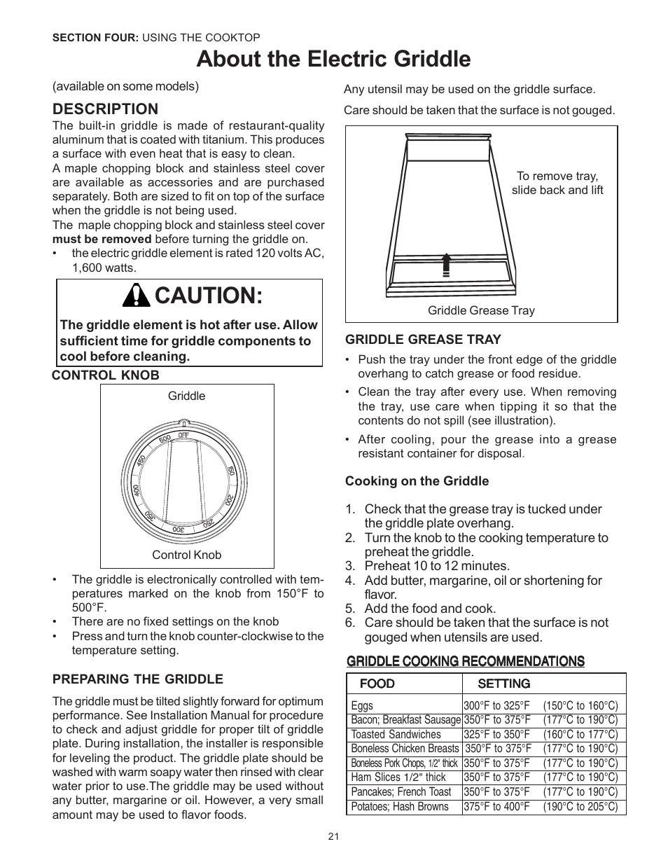 About the electric griddle caution, Description | Thermador Pro-Harmony DP36 User Manual | Page 23 / 128