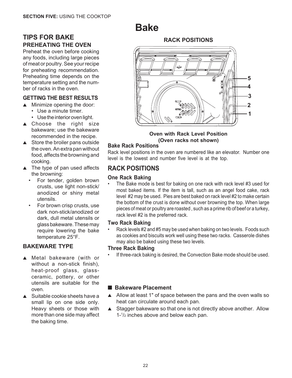 Bake, Tips for bake, Rack positions | Thermador Pro-Harmony DP36 User Manual | Page 24 / 128