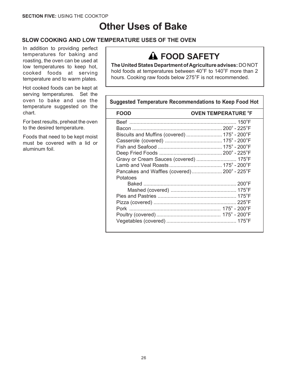 Other uses of bake, Food safety | Thermador Pro-Harmony DP36 User Manual | Page 28 / 128