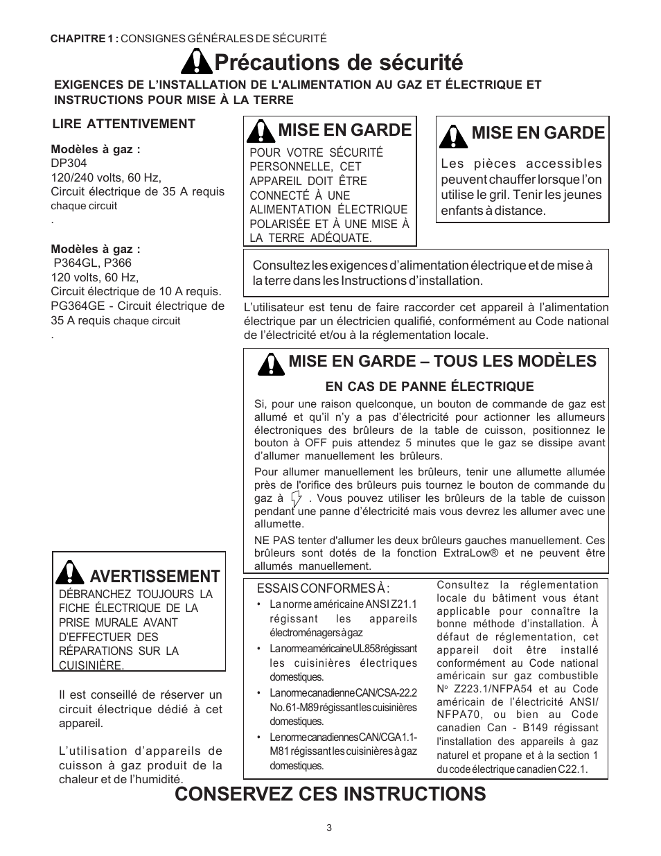 Précautions de sécurité, Conservez ces instructions, Mise en garde | Mise en garde avertissement, Mise en garde – tous les modèles | Thermador Pro-Harmony DP36 User Manual | Page 47 / 128