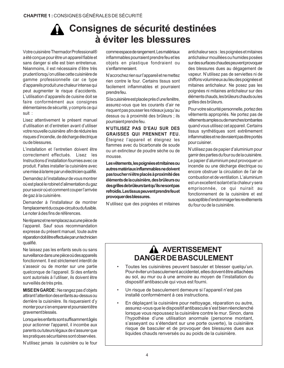 Avertissement danger de basculement | Thermador Pro-Harmony DP36 User Manual | Page 48 / 128