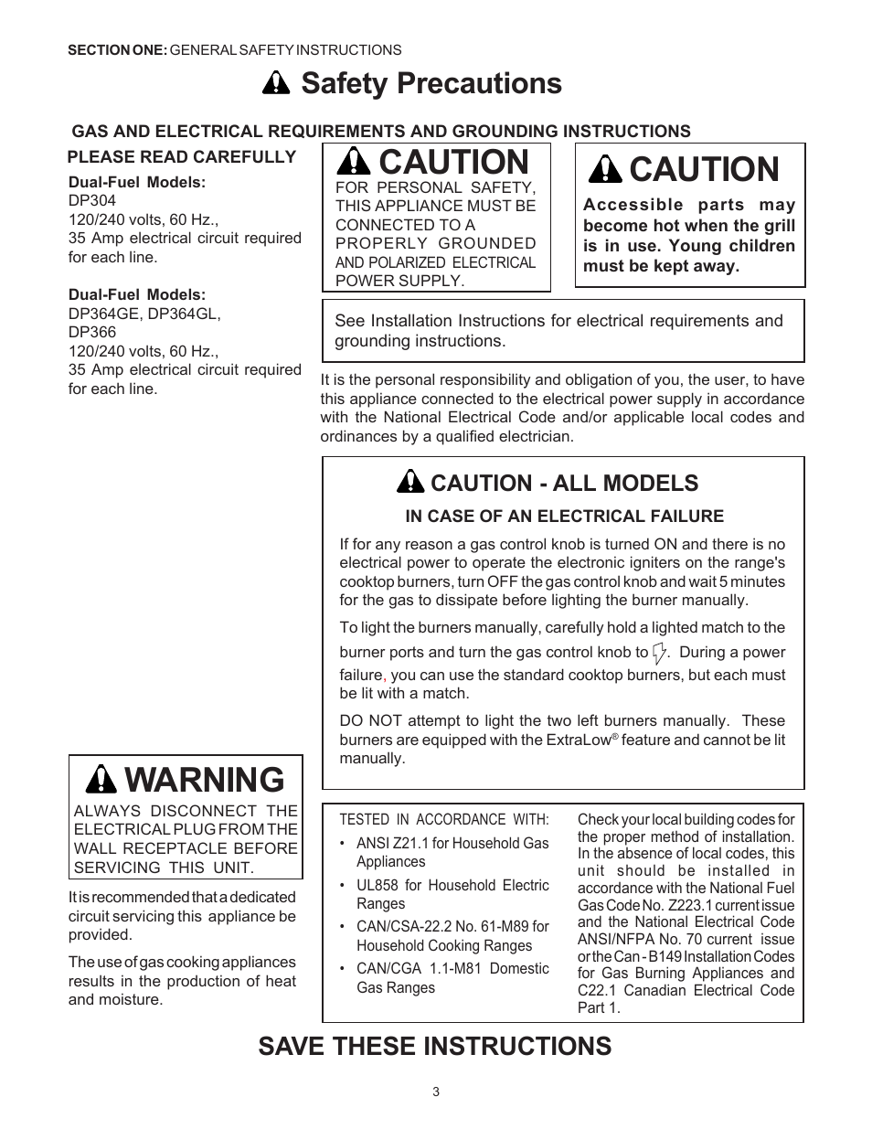 Caution, Warning, Safety precautions | Save these instructions, Caution - all models | Thermador Pro-Harmony DP36 User Manual | Page 5 / 128