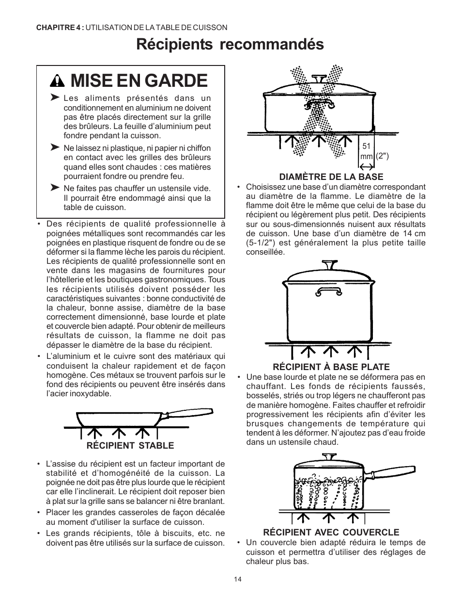 Mise en garde, Récipients recommandés | Thermador Pro-Harmony DP36 User Manual | Page 58 / 128