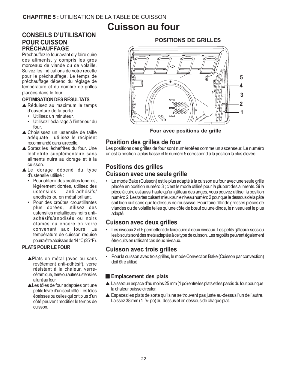 Cuisson au four, Conseils d’utilisation pour cuisson, Position des grilles de four | Cuisson avec deux grilles, Cuisson avec trois grilles | Thermador Pro-Harmony DP36 User Manual | Page 66 / 128