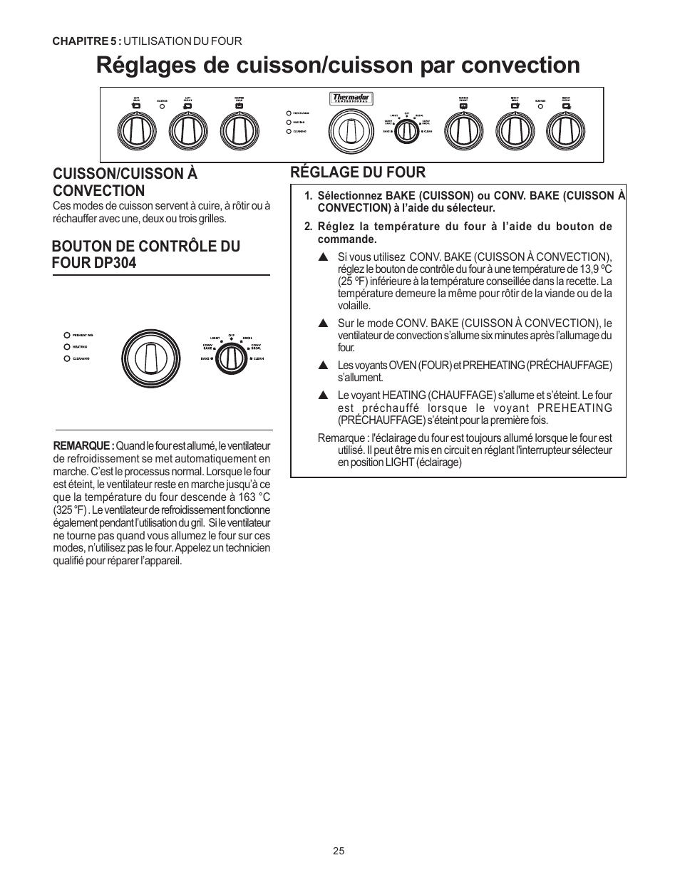 Réglages de cuisson/cuisson par convection, Bouton de contrôle du four dp304, Cuisson/cuisson à convection | Réglage du four | Thermador Pro-Harmony DP36 User Manual | Page 69 / 128