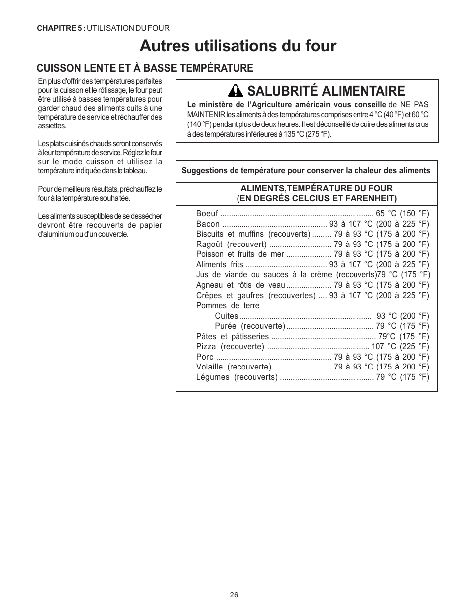 Autres utilisations du four, Salubrité alimentaire, Cuisson lente et à basse température | Thermador Pro-Harmony DP36 User Manual | Page 70 / 128