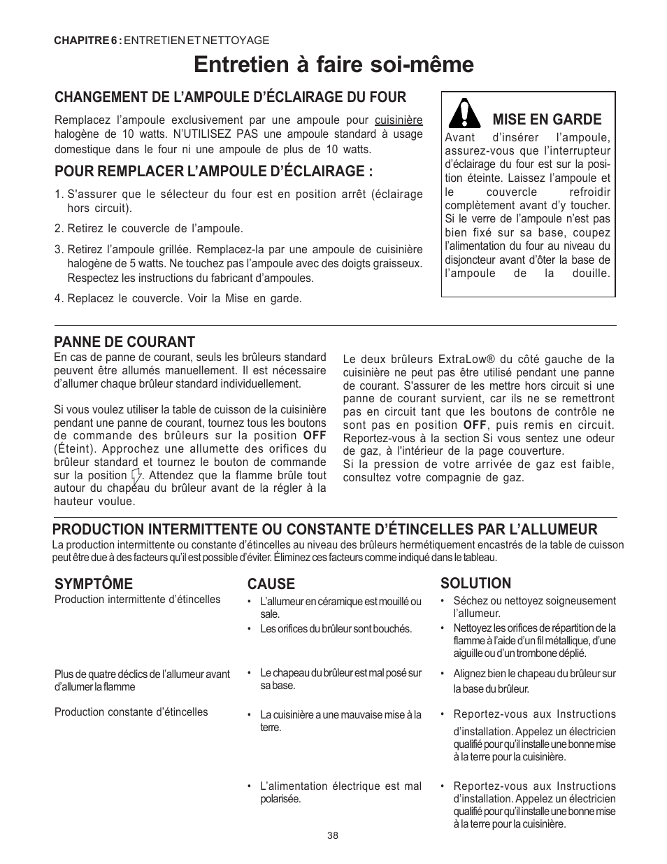 Entretien à faire soi-même, Changement de l’ampoule d’éclairage du four, Pour remplacer l’ampoule d’éclairage | Panne de courant, Mise en garde, Solution, Symptôme, Cause | Thermador Pro-Harmony DP36 User Manual | Page 82 / 128