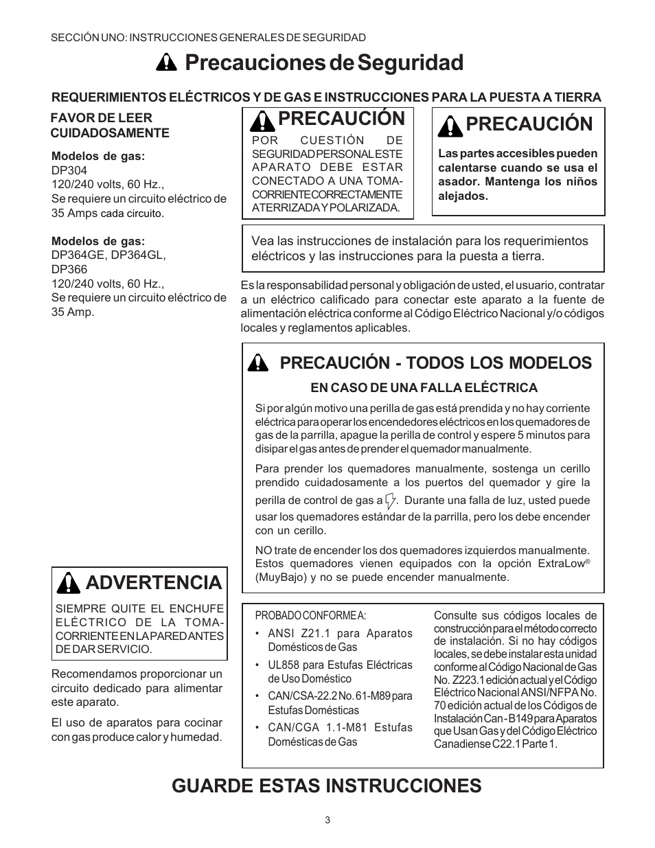 Precauciones de seguridad, Guarde estas instrucciones, Precaución | Advertencia, Precaución - todos los modelos | Thermador Pro-Harmony DP36 User Manual | Page 89 / 128