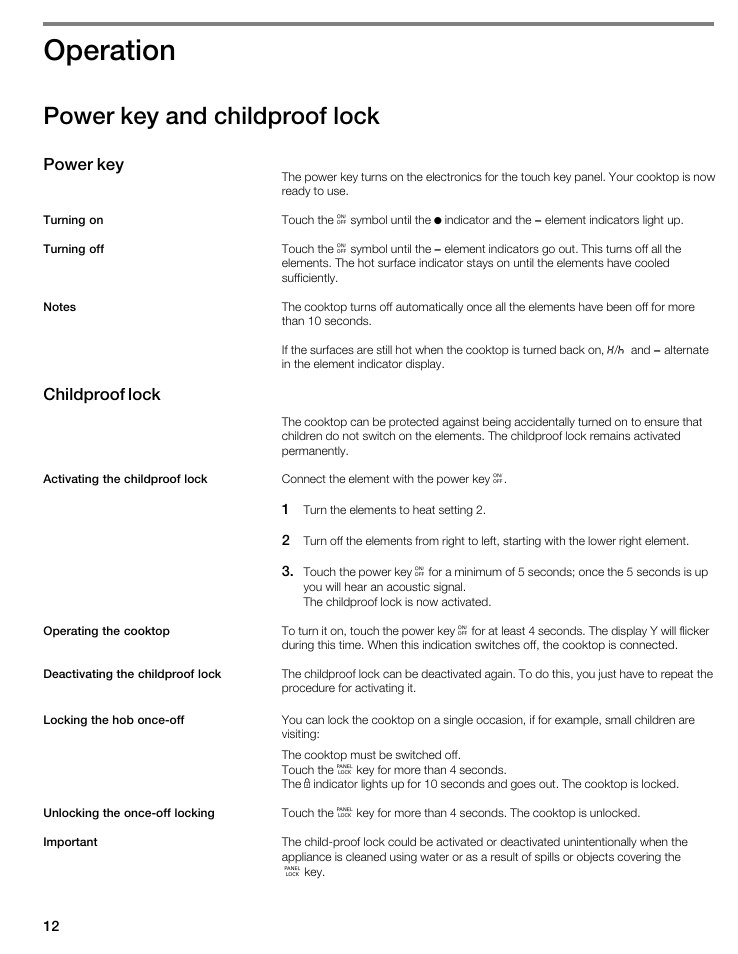 Operation, Power key and childproof lock, Power key | Childproof lock | Thermador CIT304E User Manual | Page 12 / 74