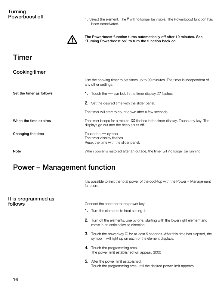 Timer, Power - management function | Thermador CIT304E User Manual | Page 16 / 74