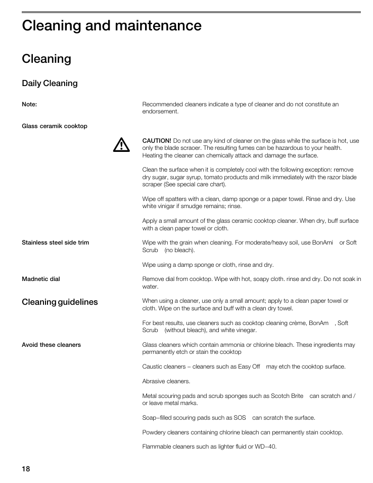 Cleaning and maintenance, Cleaning | Thermador CIT304E User Manual | Page 18 / 74