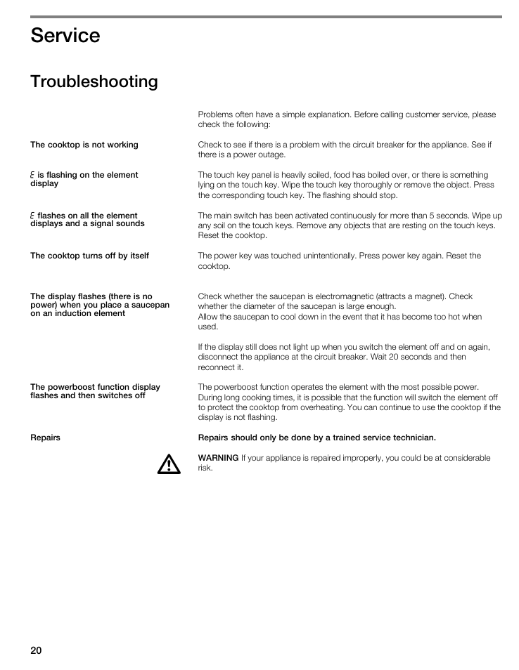 Service, Troubleshooting | Thermador CIT304E User Manual | Page 20 / 74