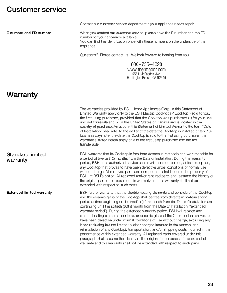 Customer service, Warranty | Thermador CIT304E User Manual | Page 23 / 74