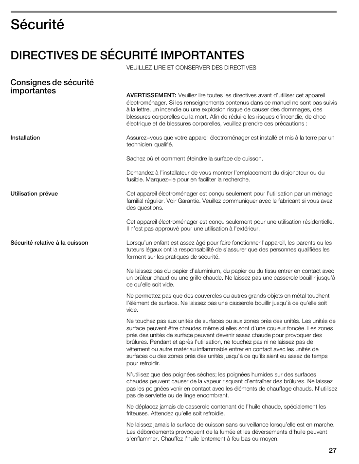 Sécurité, Directives de sécurité importantes | Thermador CIT304E User Manual | Page 27 / 74