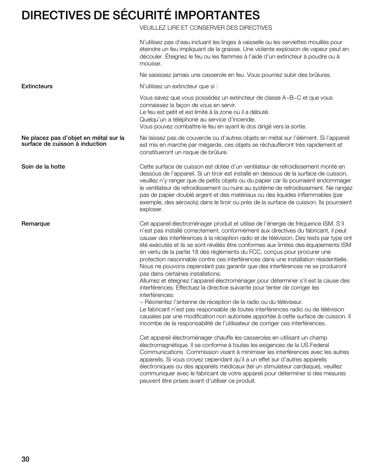 Directives de sécurité importantes | Thermador CIT304E User Manual | Page 30 / 74