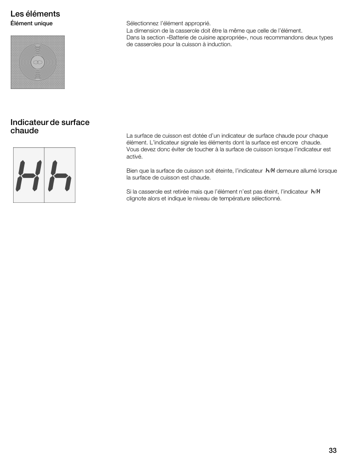 Les éléments, Indicateur de surface chaude | Thermador CIT304E User Manual | Page 33 / 74