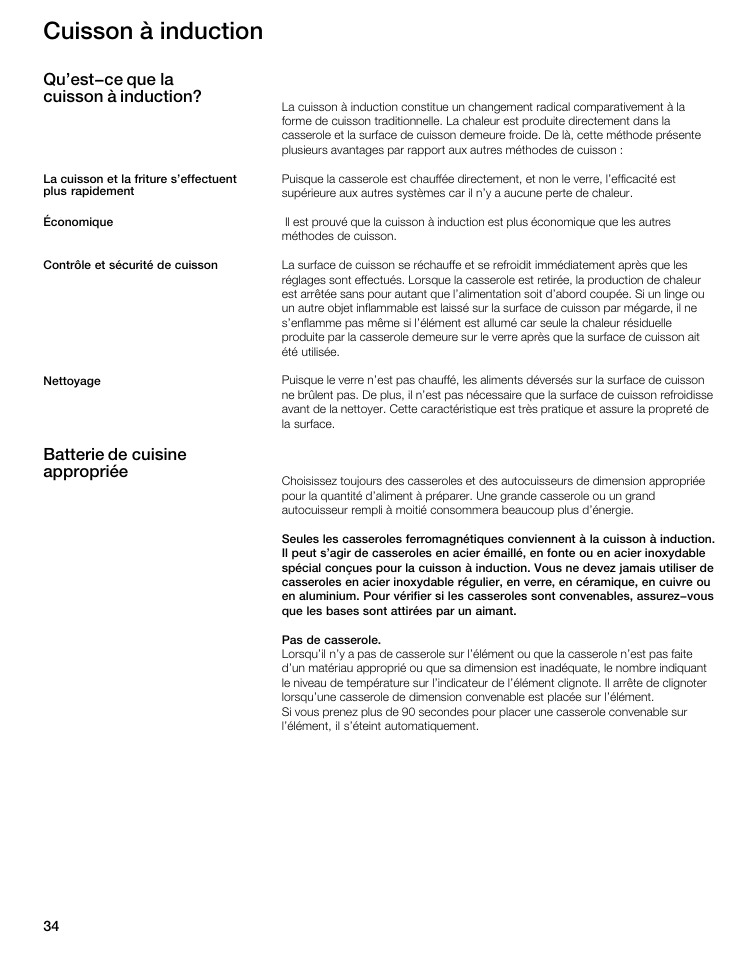 Cuisson à induction, Qu'est-ce que la cuisson à induction, Batterie de cuisine appropriée | Thermador CIT304E User Manual | Page 34 / 74