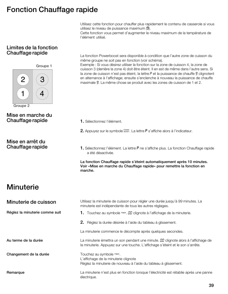 Fonction chauffage rapide, Minuterie, Limites de la fonction chauffage rapide | Thermador CIT304E User Manual | Page 39 / 74