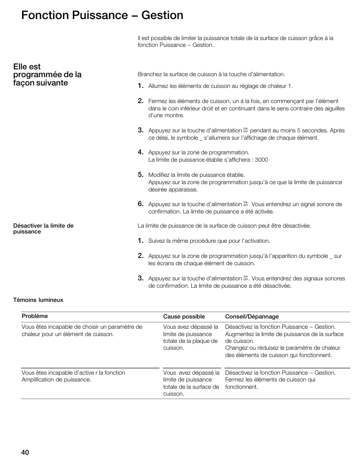 Fonction puissance - gestion, Elle est programmée de la façon suivante | Thermador CIT304E User Manual | Page 40 / 74