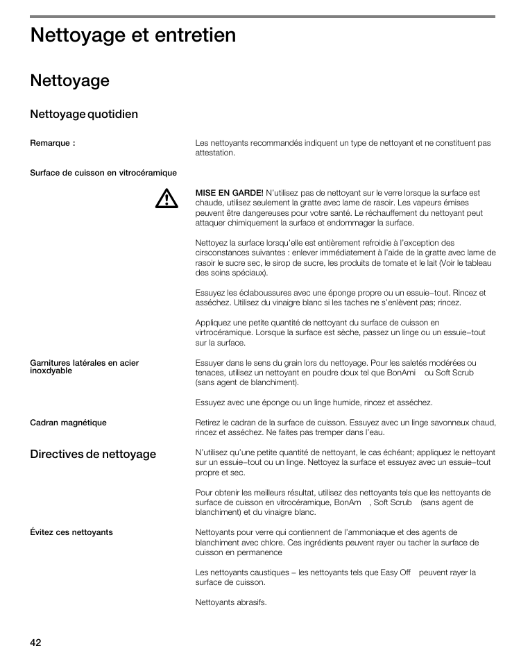 Nettoyage et entretien, Nettoyage | Thermador CIT304E User Manual | Page 42 / 74