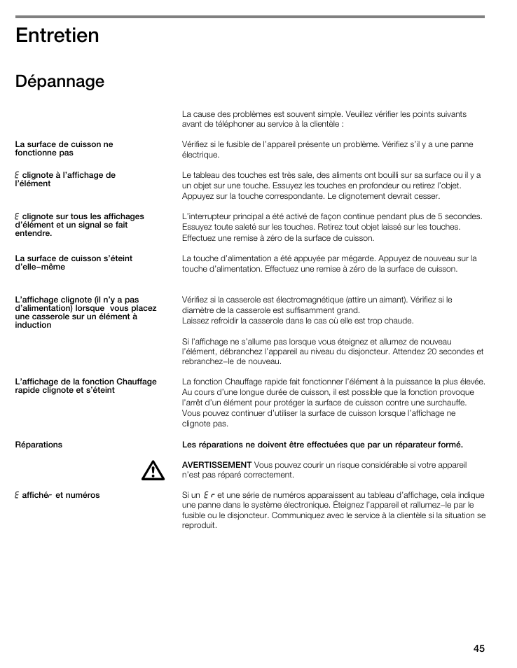 Entretien, Dépannage | Thermador CIT304E User Manual | Page 45 / 74