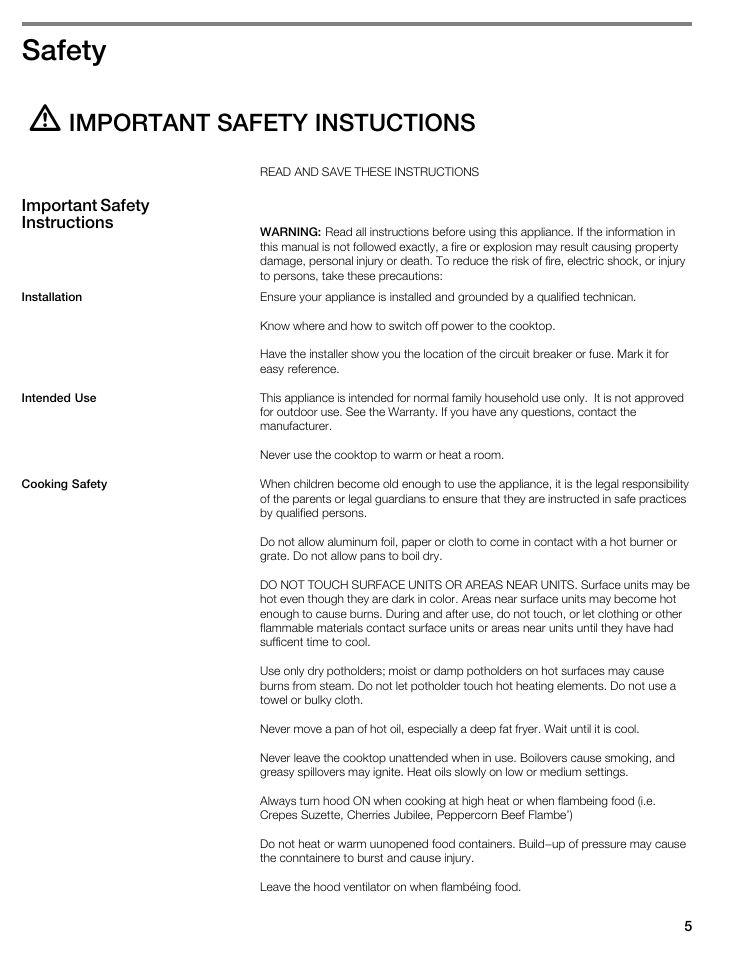 Safety, Important safety instuctions | Thermador CIT304E User Manual | Page 5 / 74