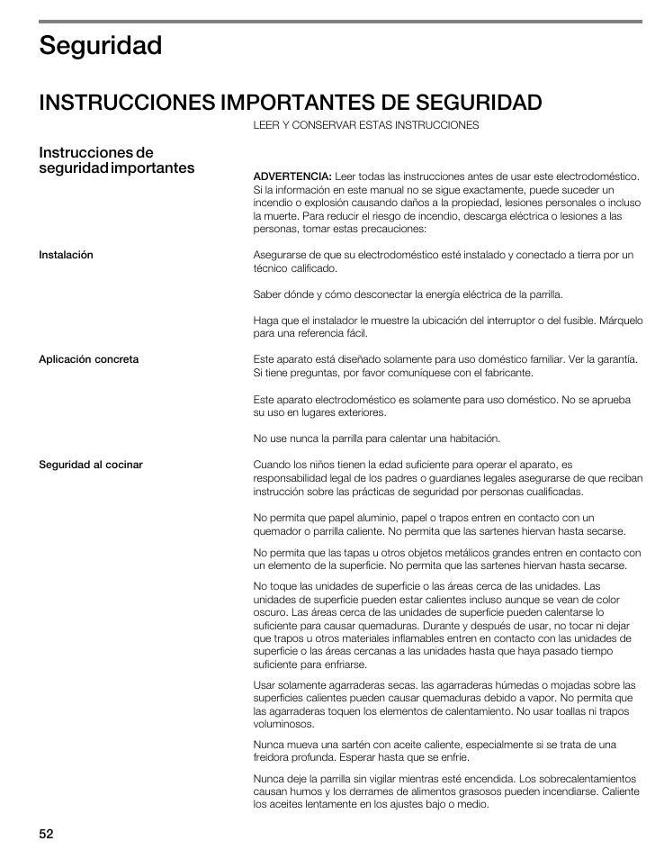 Seguridad, Instrucciones importantes de seguridad | Thermador CIT304E User Manual | Page 52 / 74