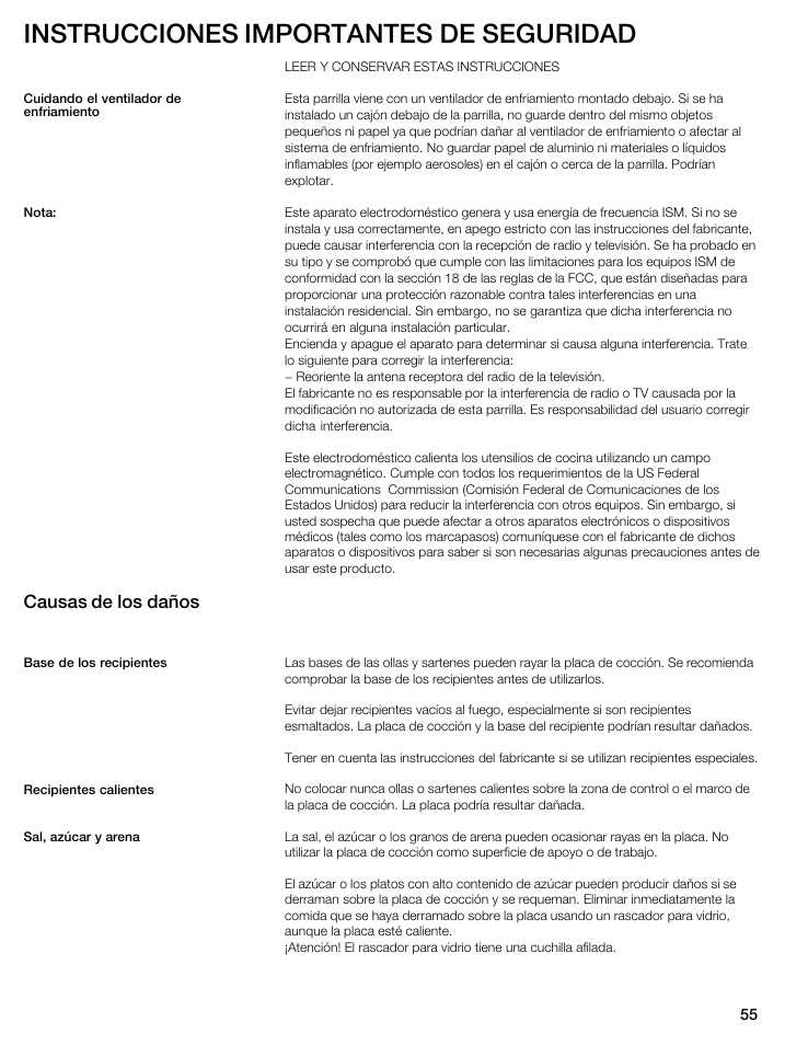 Instrucciones importantes de seguridad, Causas de los daños | Thermador CIT304E User Manual | Page 55 / 74