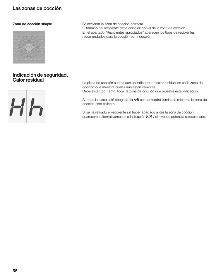 Las zonas de cocción, Indicación de seguridad. calor residual | Thermador CIT304E User Manual | Page 58 / 74