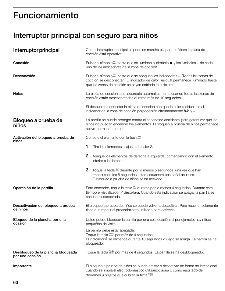 Funcionamiento, Interruptor principal con seguro para niños, Interruptor principal | Bloqueo a prueba de niños | Thermador CIT304E User Manual | Page 60 / 74