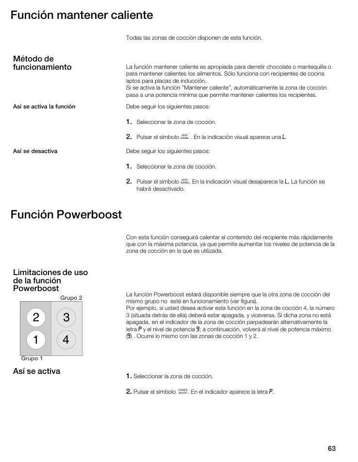 Función mantener caliente, Función powerboost, Método de funcionamiento | Limitaciones de uso de la función powerboost, Así se activa | Thermador CIT304E User Manual | Page 63 / 74