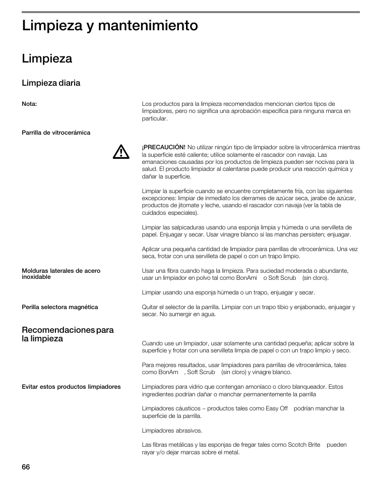 Limpieza y mantenimiento, Limpieza | Thermador CIT304E User Manual | Page 66 / 74