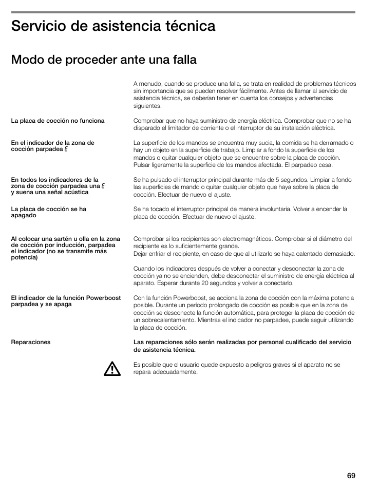 Servicio de asistencia técnica, Modo de proceder ante una falla | Thermador CIT304E User Manual | Page 69 / 74