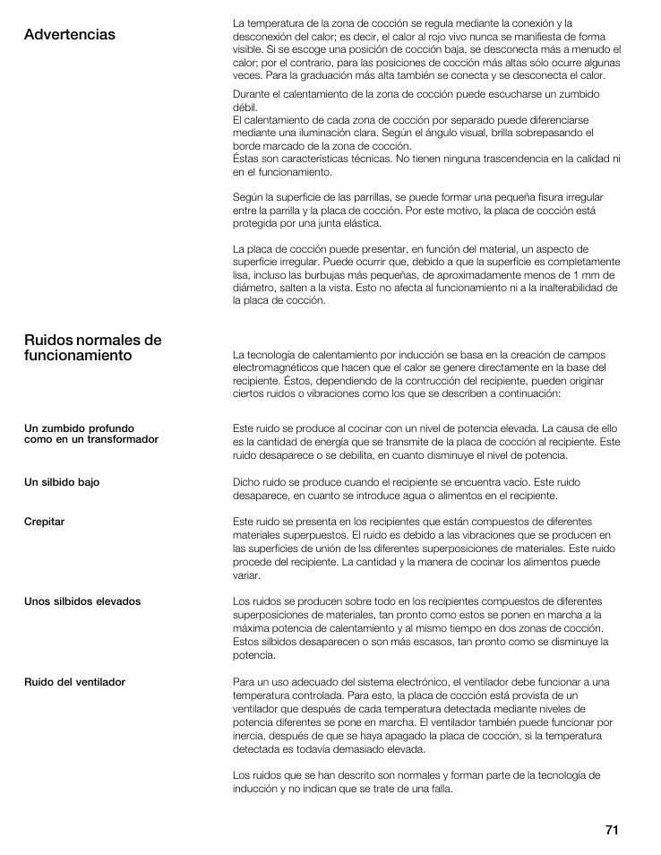 Advertencias ruidos normales de funcionamiento | Thermador CIT304E User Manual | Page 71 / 74