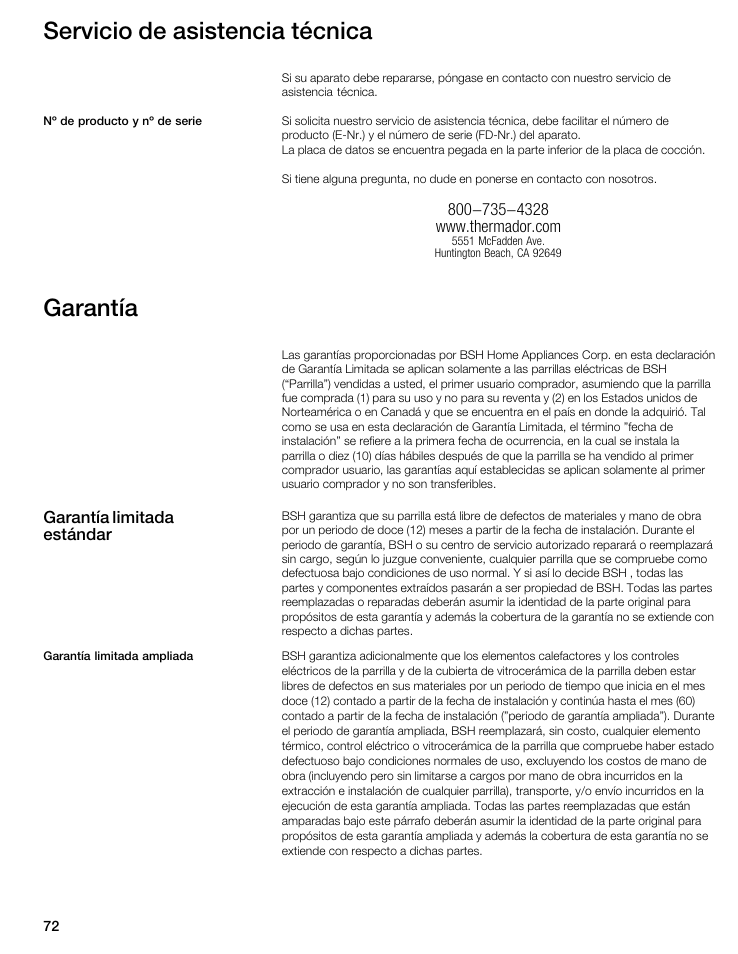 Servicio de asistencia técnica, Garantía | Thermador CIT304E User Manual | Page 72 / 74