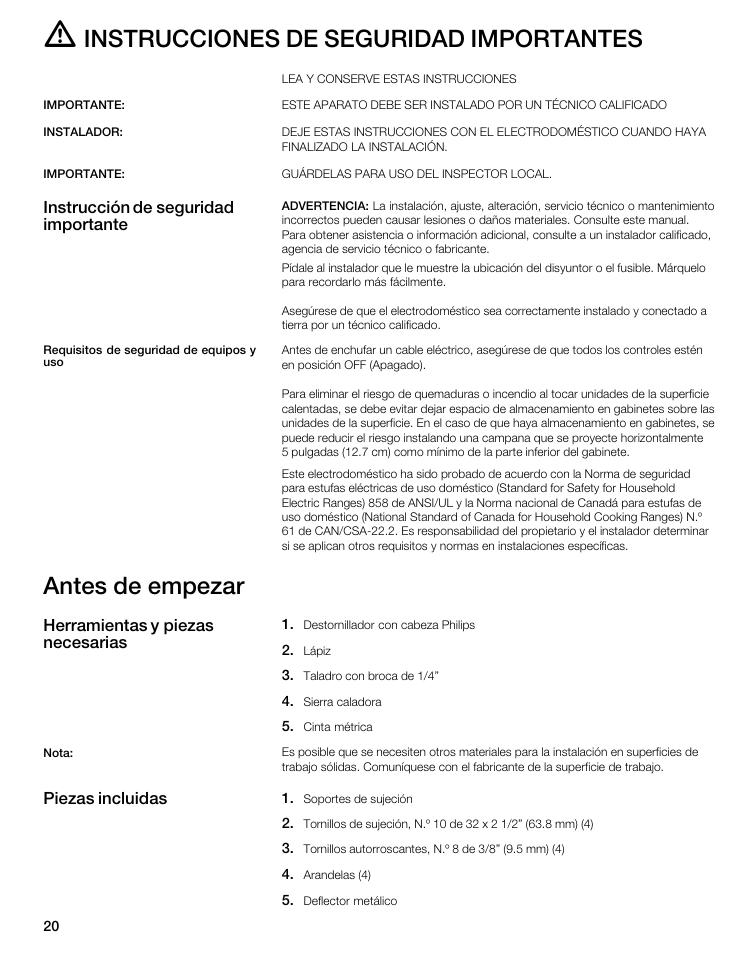 Instrucciones de seguridad importantes, Antes de empezar, Instrucción de seguridad importante | Herramientas y piezas necesarias, Piezas incluidas | Thermador CIT151DS User Manual | Page 19 / 26