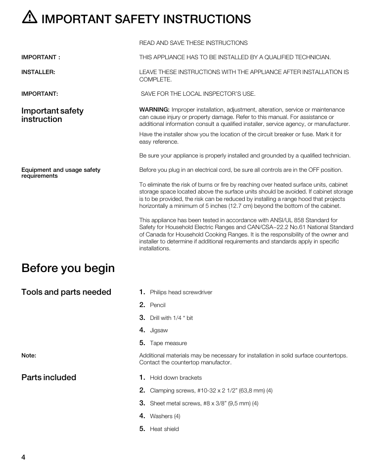 Important safety instructions, Before you begin | Thermador CIT151DS User Manual | Page 3 / 26