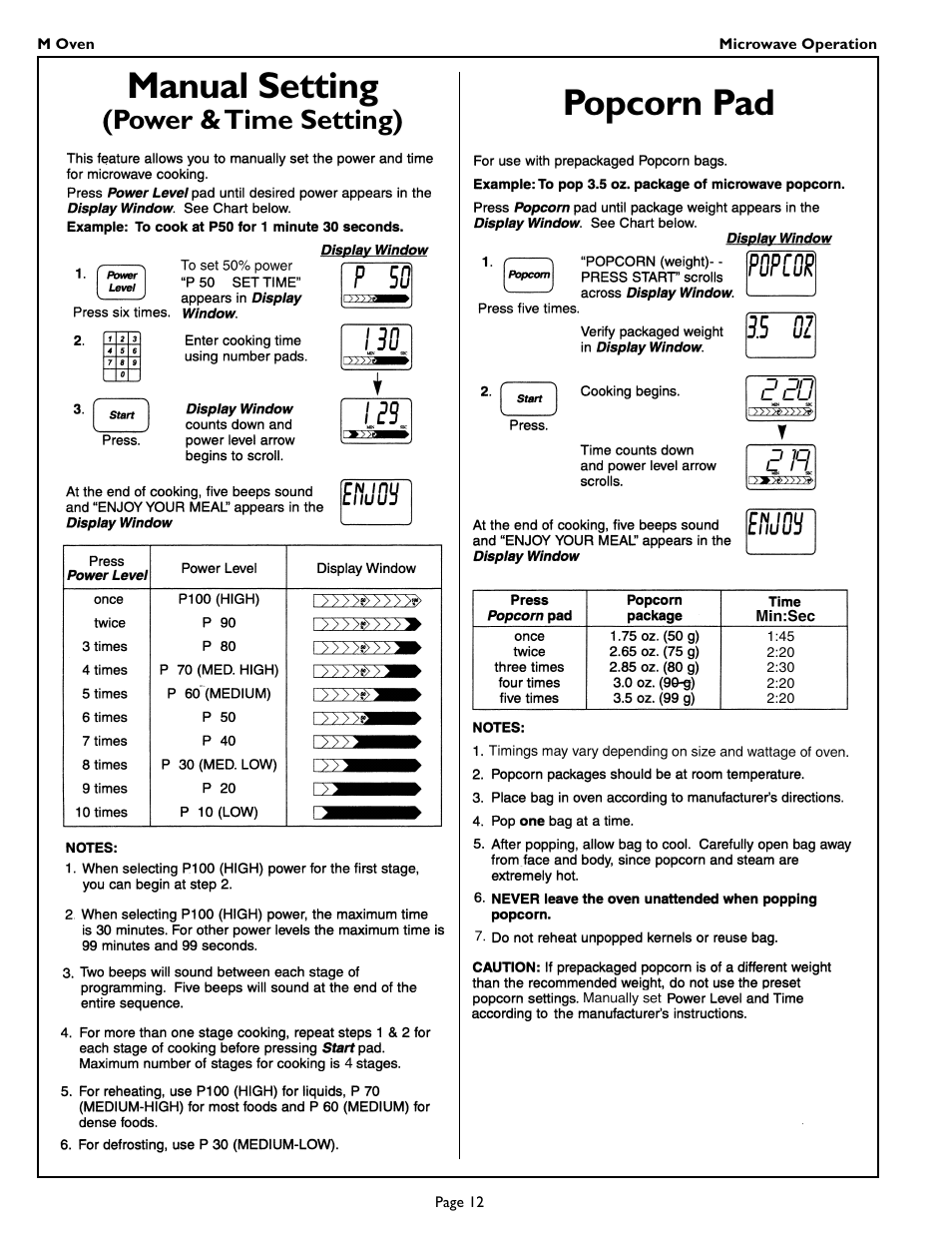 Manual setting, Popcorn pad | Thermador MT27 User Manual | Page 14 / 24
