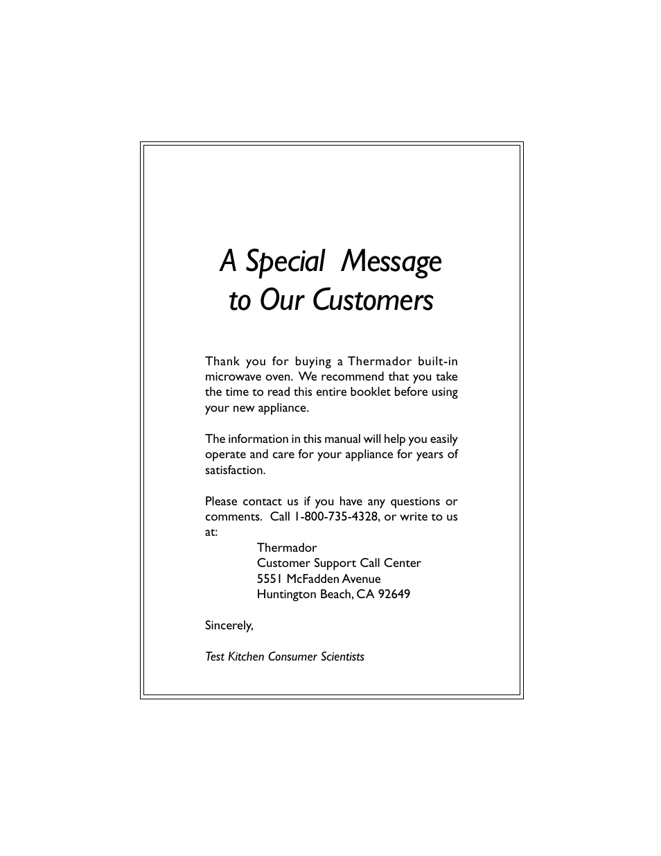 A special message to our customers | Thermador MT27 User Manual | Page 2 / 24
