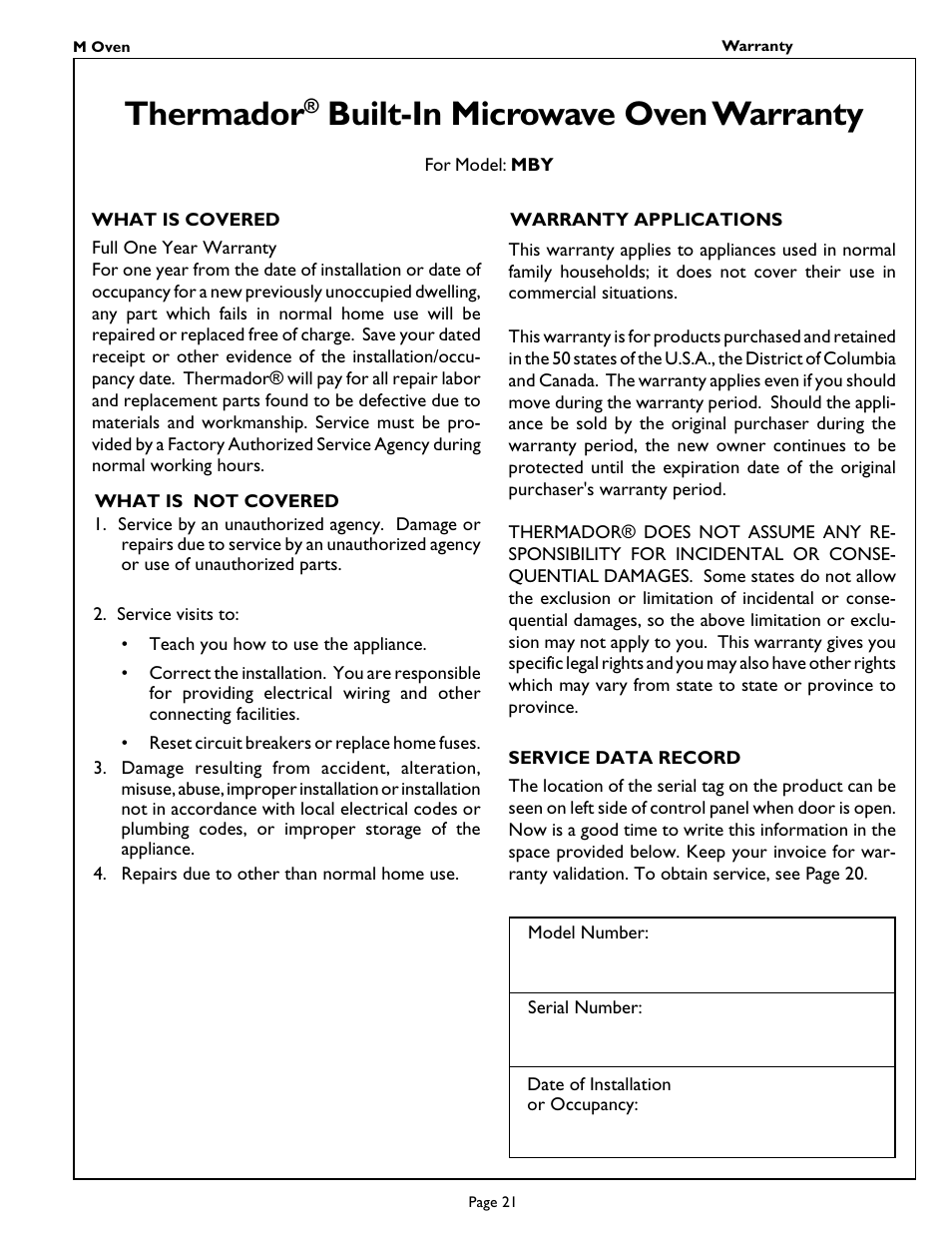 Thermador, Built-in microwave oven warranty | Thermador MT27 User Manual | Page 23 / 24