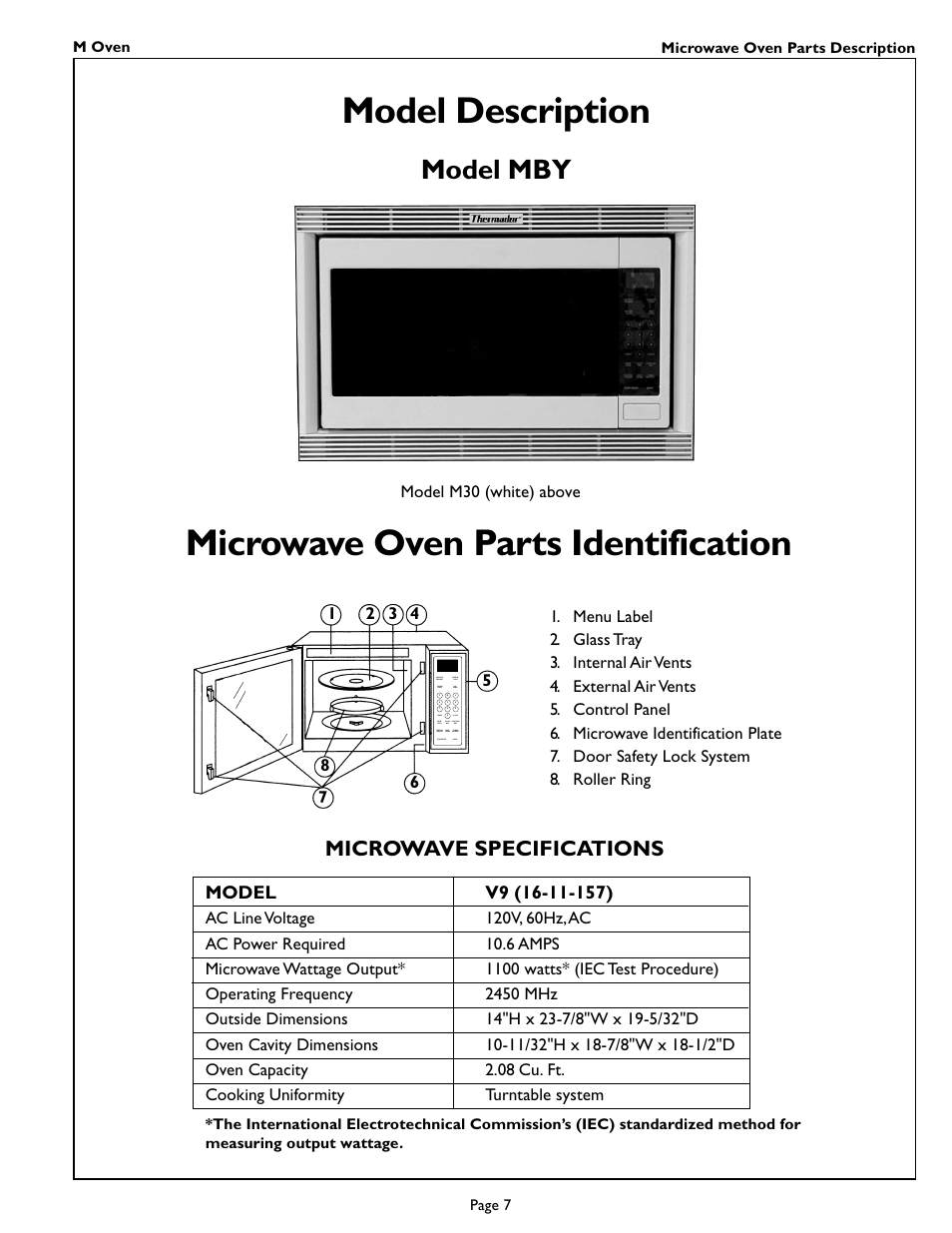 Model description, Microwave oven parts identification, Model mby | Microwave specifications | Thermador MT27 User Manual | Page 9 / 24